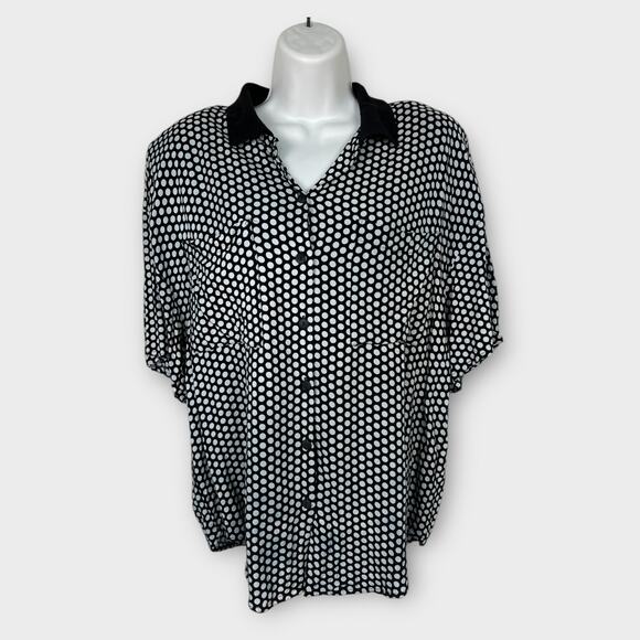 Vintage 80s Black and White collared button down polka dot rayon blouse 14/16 - Picture 1 of 7